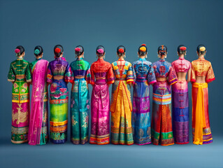 A group of women wearing colorful clothing. The women are wearing a variety of colors and patterns, and they are all standing in a line. Concept of unity and diversity