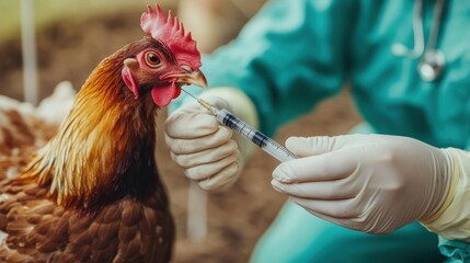 Veterinarian giving a vaccine shot to a chicken in a poultry farm