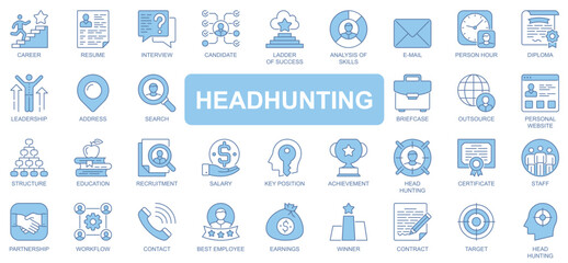 Head hunting icons set in duotone outline stroke design for web. Pack pictograms of career, resume, interview, candidate, analysis, email, diploma, leadership, briefcase, other. Vector illustration.