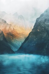 Poster - Mountain Range Landscape with Fog and Water