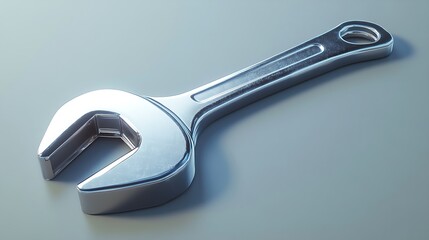 A shiny chrome wrench isolated on a light gray background.