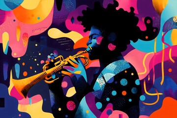 Wall Mural - A colorful and abstract portrait of a man playing the trumpet