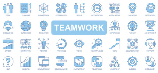 Poster - Teamwork icons set in duotone outline stroke design for web. Pack pictograms of team, planning, connection, cooperation, optimization, work group, solution, motivation, other. Vector illustration.