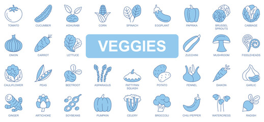 Poster - Veggies icons set in duotone outline stroke design for web. Pack pictograms of tomato, cucumber, corn, spinach, paprika, brussel sprouts, cabbage, onion, carrot, mushroom, other. Vector illustration.