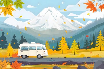 Autumn Mountain Landscape with Van