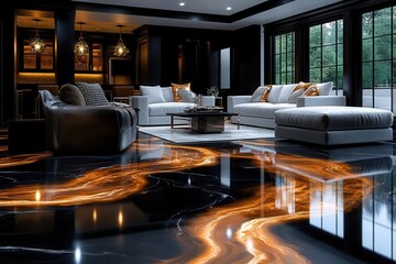 luxurious interior featuring seamless blend of polished marble and metallic epoxy flooring creating abstract patterns