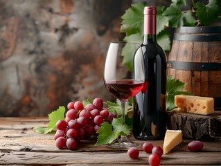 Red wine in a glass beside a bottle, grapes, cheese, and wooden barrel with rustic background