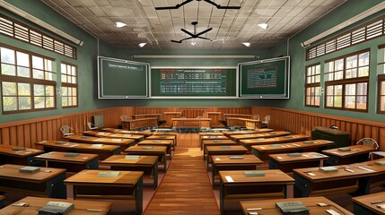 Poster - Empty Classroom with Desks and Blackboards