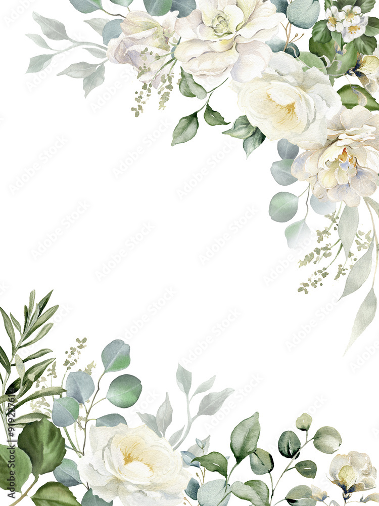 Watercolor floral corner border - white flowers and green eucalyptus ...