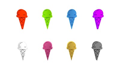 Poster - Colorful Ice cream in waffle cone icon isolated on white background. Sweet symbol. Minimalism concept. 3D render illustration