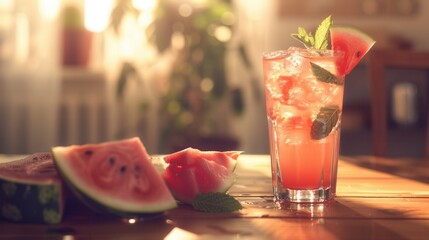 Glass of juice and fresh sweet ripe watermelon on table