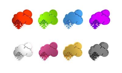 Sticker - Colorful Cloud with snow and sun icon isolated on white background. Cloud with snowflakes. Single weather icon. Snowing sign. Minimalism concept. 3D render illustration