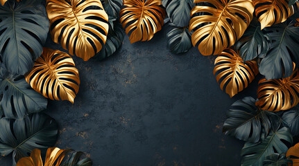 Wall Mural - Tropical leaves, black and gold leaves background. Generative AI.