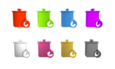 Wall Mural - Colorful Cooking pot and kitchen timer icon isolated on white background. Boil or stew food symbol. Minimalism concept. 3D render illustration