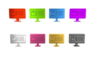 Sticker - Colorful Computer monitor with app delivery tracking icon isolated on white background. Parcel tracking. Minimalism concept. 3D render illustration