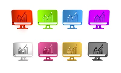 Poster - Colorful Computer monitor with graph chart icon isolated on white background. Report text file icon. Accounting sign. Audit, analysis, planning. Minimalism concept. 3D render illustration