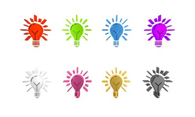 Wall Mural - Colorful Light bulb with rays shine and concept of idea icon isolated on white background. Energy and idea symbol. Inspiration concept. Minimalism concept. 3D render illustration