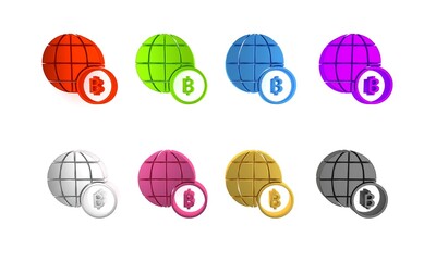 Canvas Print - Colorful Globe and cryptocurrency coin Bitcoin icon isolated on white background. Physical bit coin. Blockchain based secure crypto currency. Minimalism concept. 3D render illustration