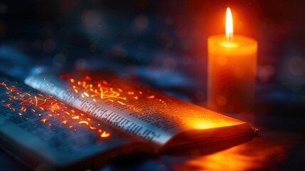 Mystical Spellbook with Glowing Symbols by Candlelight