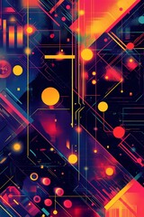 Wall Mural - Abstract digital art with neon colors, geometric shapes, lines, and circles on a dark background.