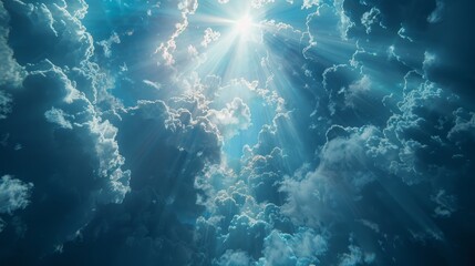 Wall Mural - Bright sunlight shining through fluffy clouds in a blue sky during the afternoon