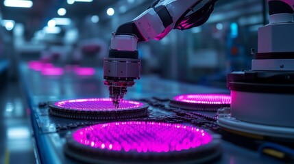 A robot is working on a purple object