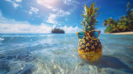 Fresh pineapple with sunglasses in sea water