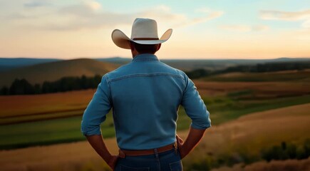 Sticker - A man wearing a cowboy hat and denim shirt stands in an open field at sunset, looking at the horizon.