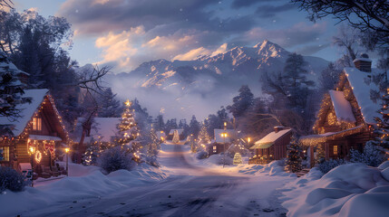 Wall Mural - A cozy winter scene of a small mountain village blanketed in snow, with warmly lit windows, and festive holiday decorations adorning the streets.