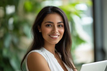 Happy latin hispanic young business woman working on laptop computer in company office. Smiling Indian entrepreneur manager businesswoman using pc for communication, learning at workplace