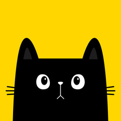 Sticker - Cute cat kitten face head. Big eyes. Cartoon pet character. Black silhouette icon. Funny kawaii animal. Flat design. Tshirt, greeting card, sticker print, banner. Yellow background. Vector