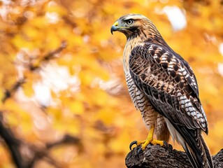 a detailed image of a hawk perched on a tree branch, its sharp talons gripping the wood, with autumn