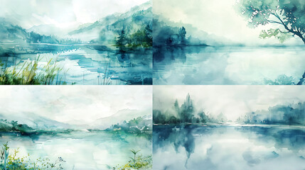 Wall Mural - Watercolor smooth wash, soft blues and greens of serene lakeside landscapes, creating a calm and peaceful background