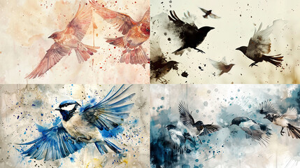 Watercolor speckled texture on birds in flight, feather details, and natural elegance 