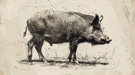 Canvas Print - A simple illustration of a wild boar in shades of gray