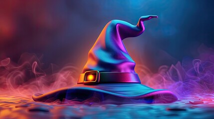 A mystical purple hat with a glowing buckle, set against a colorful smoky background, evoking magic and enchantment.