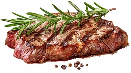 Wall Mural - Grilled steak garnished with fresh rosemary and sprinkled with pepper on a white background