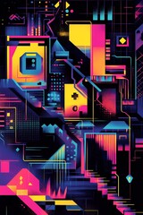 Wall Mural - Abstract geometric shapes in neon colors on black background.