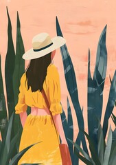 Wall Mural - Woman in Yellow Dress Standing in Lush Foliage