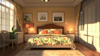 Wall Mural - Cozy Bedroom with Floral Bedding and a Sunlit Window