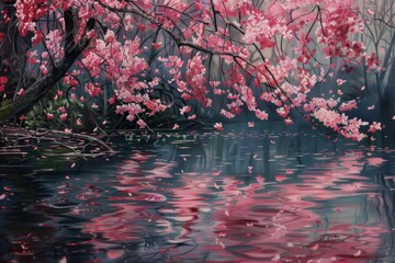 Poster - Pink Blossoms Reflecting on Still Water