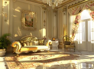 Luxury Living Room Interior Design with Gold and White Furniture