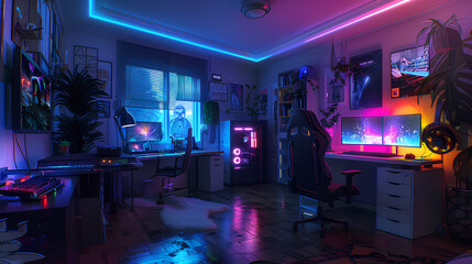 Wall Mural - gaming room with neon lights