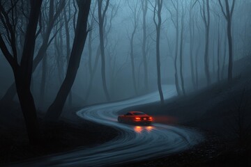 Poster - A single red car driving on a dark, winding road through a foggy forest. 