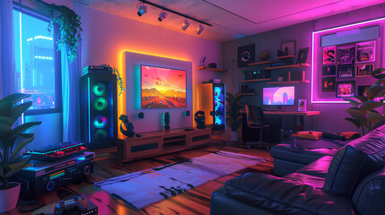 Wall Mural - gaming room with neon lights