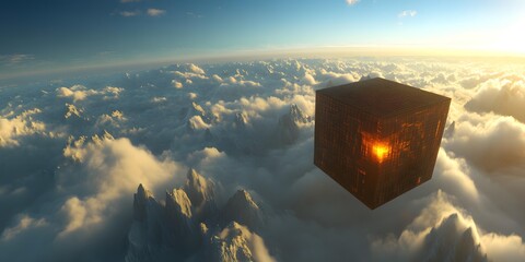 Abstract Cube Floating Above Clouds