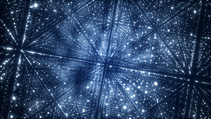 Futuristic backdrop. Network connection structure cyberspace with moving particles in the galaxy. Big data visualization. Abstract cyber security background. 3D rendering.