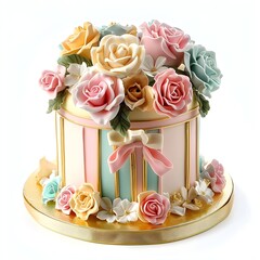 Canvas Print - Floral Cake with Gold Ribbon and Pink, Blue and Yellow Roses