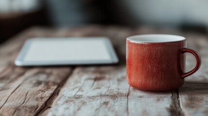 This image displays a rustic red mug on a weathered wooden table, with a blurred background, conveying a cozy and warm atmosphere associated with simple living.