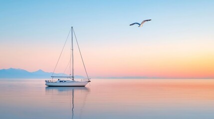 a serene scene of a sailboat drifting on a calm sea at dawn, with the horizon glowing softly and a s